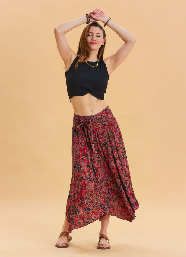 Red Patterned Bohemian Skirt with Gipe Detail and Tied Waist 4507